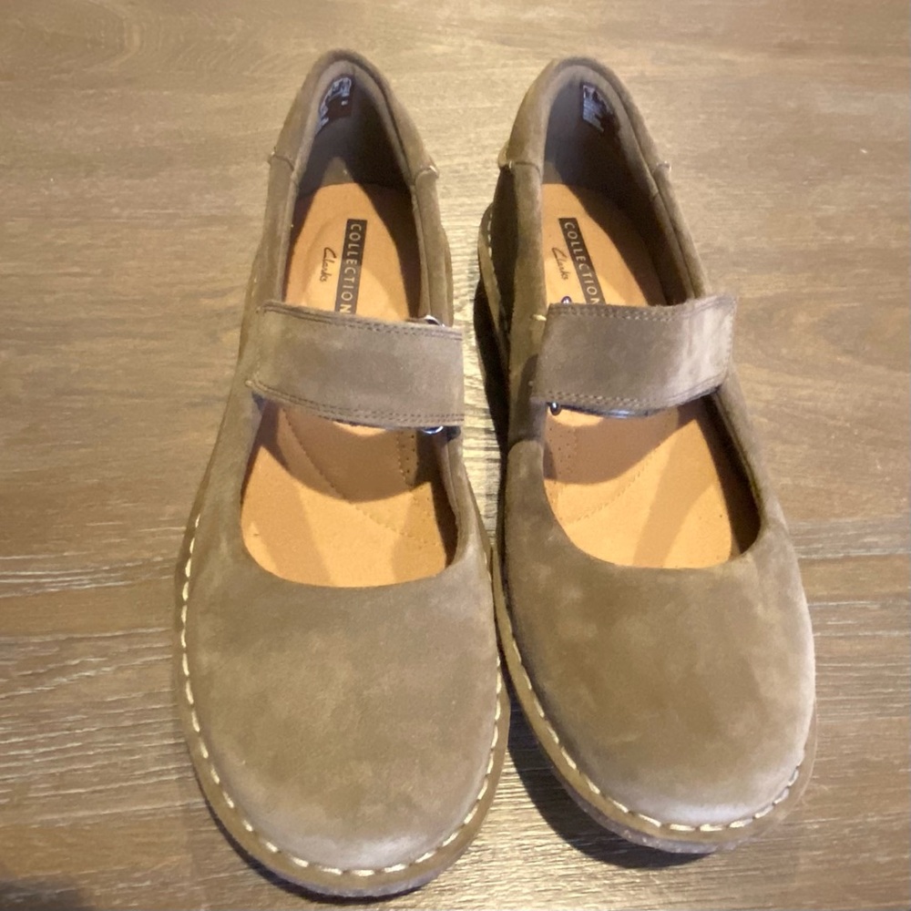 Clarks Taupe Suede Mary Jane Flats - Picture 8 of 16